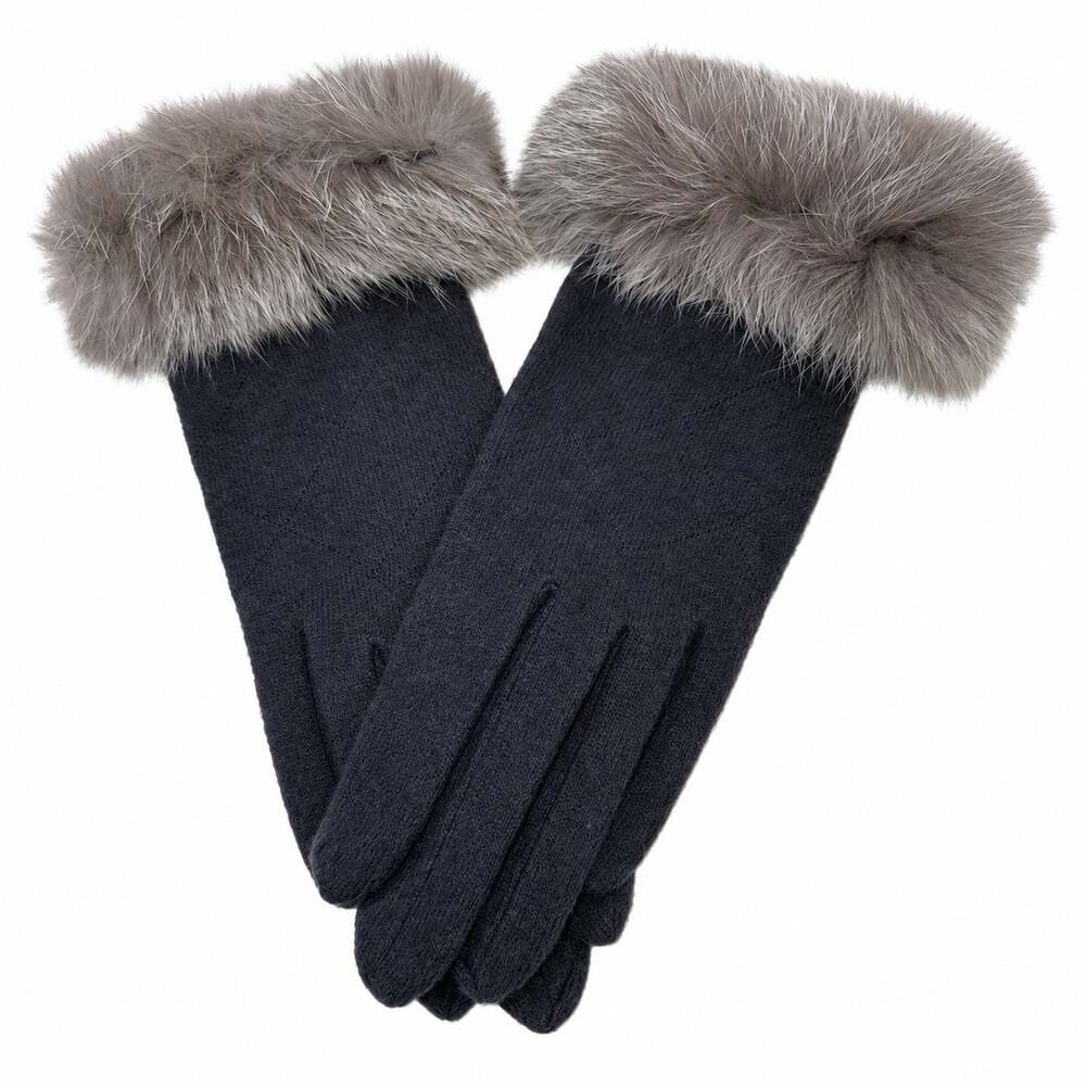 Dillards One Cashmere Wool Blend Knit Gloves Rabbit Fur Trim OS Gray NWOT